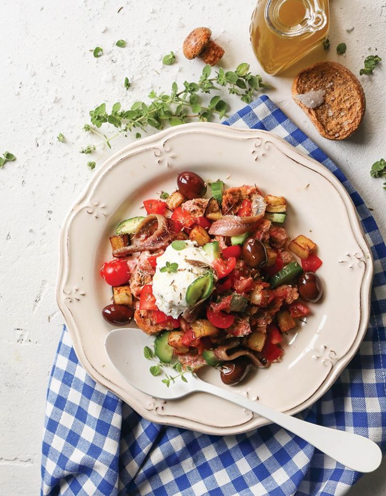 Tomato, aubergine, anchovy and cheese salad